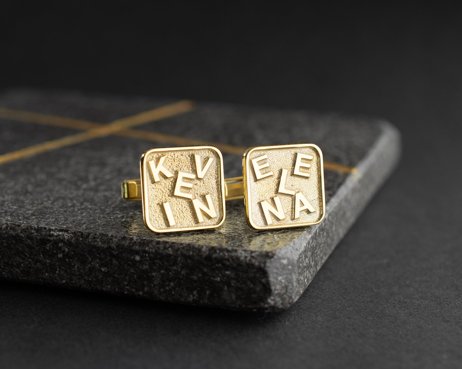 Personalized Men's Cufflinks Gold Textured Initial Design - Image 2