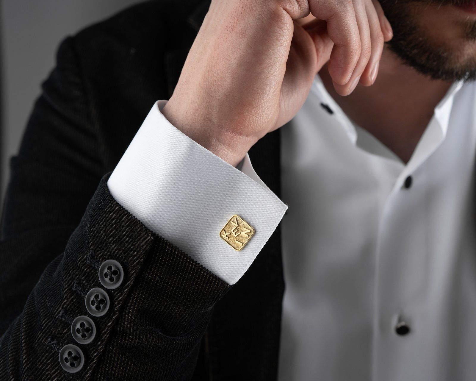 Personalized Men's Cufflinks Gold Textured Initial Design - Image 6